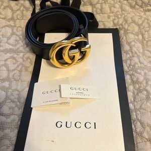AUTHENTIC Gucci GG belt. 1.5” size 85 . Black with shiny brass hardware.